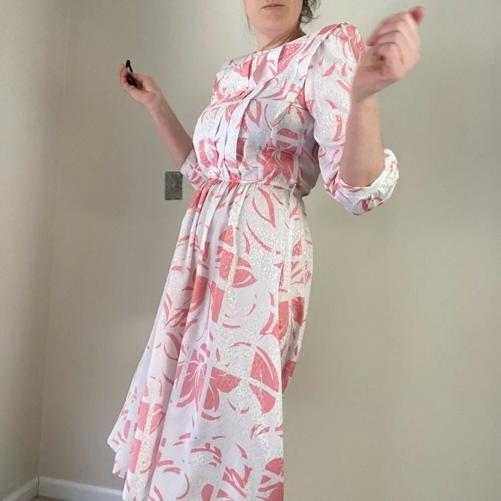 Vintage 80s Pink Secretary Dress w/ Belt | Golden Girls Costume, NWT Deadstock - Picture 6 of 12